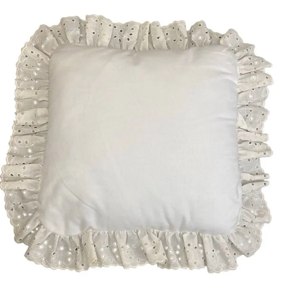 Vintage Embroidered Accent Pillow Floral Flowers Butterfly w Ruffle 17”x17”